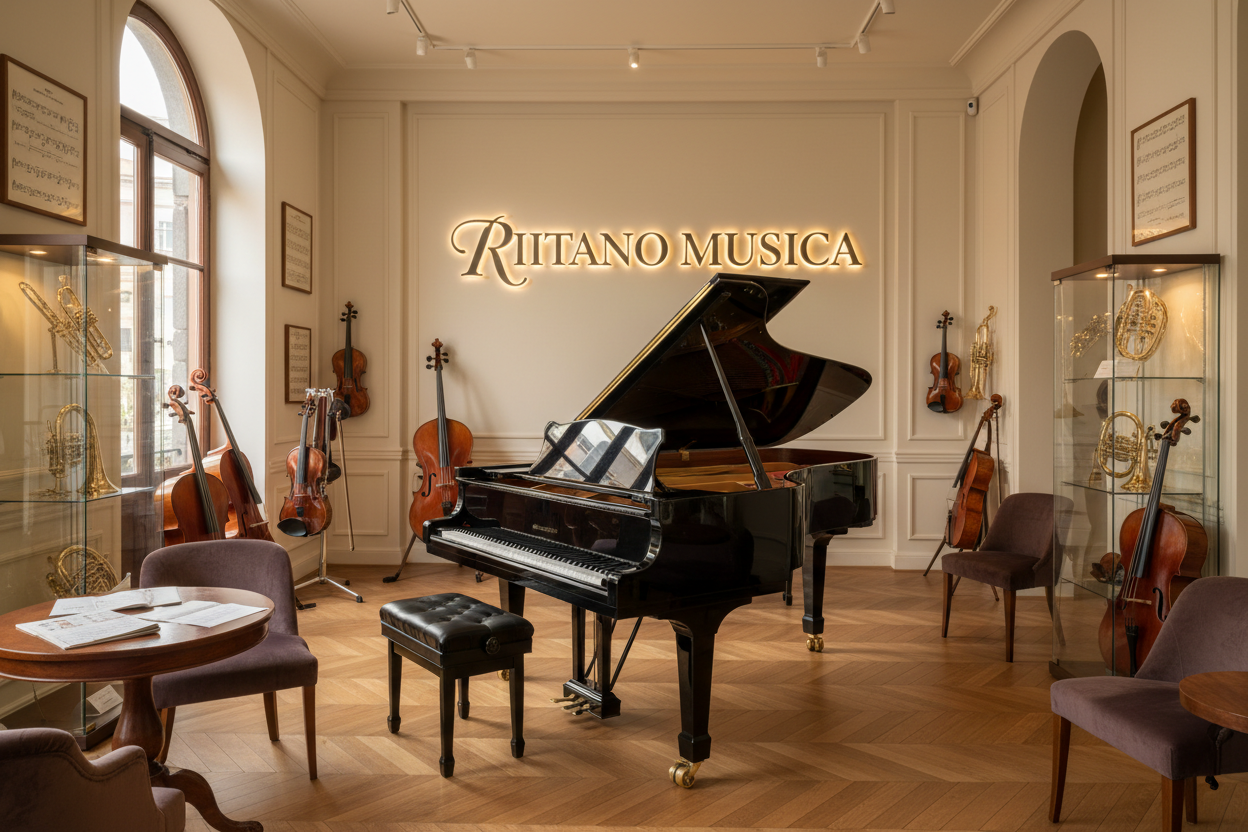 immagine professionale per un negozio musicale con un pianoforte e la scritta riitano musica 
